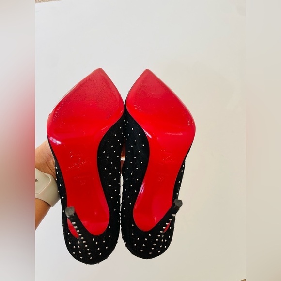 Christian Louboutin Black Suede leather Hot Chick 100mm studded plume pumps EU37 - Picture 9 of 9